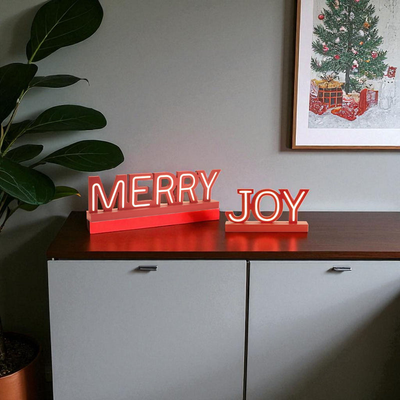 Christmas Tabletop Sign With LED (Set of 2) - Red / White