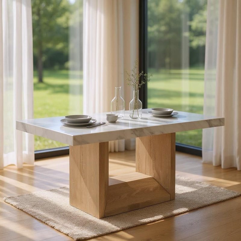 70" Faux Marble And Wood Pedestal Base Dining Table - White