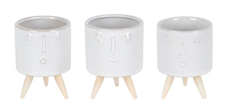 Porcelain Round Funny Face Pot Planters With Stands (Set of 3) - White