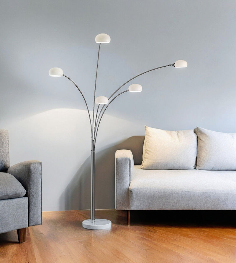 Steel Five Light Tree Floor Lamp With Glass Dome Shade - Silver / White