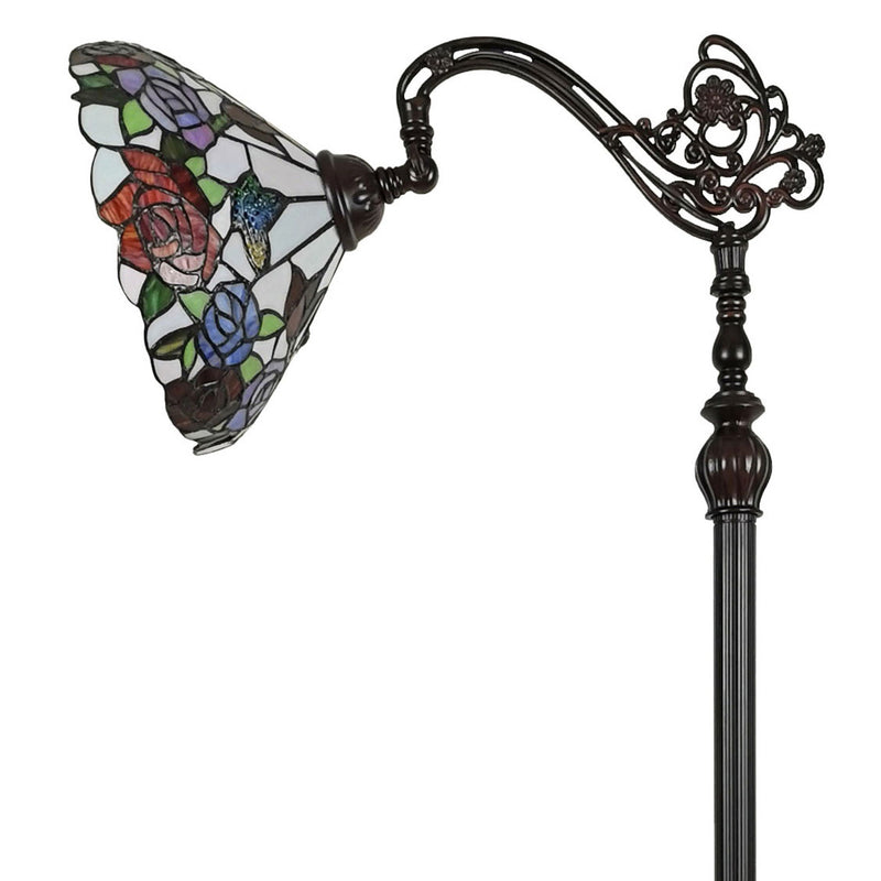 Traditional Shaped Floor Lamp With White And Red Stained Glass Bowl Shade - Brown