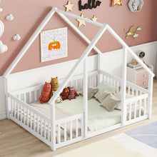 Load image into Gallery viewer, Wood House-Shaped Floor Bed With Fence, Guardrails
