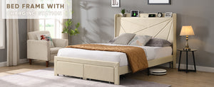 Queen Size Bed Frame with 2 Storage Drawers, Upholstered Bed Frame with Wingback Headboard Storage Shelf Built-in  USB Charging Stations and Strong Wood Slats Support, No Box Spring Needed, Beige