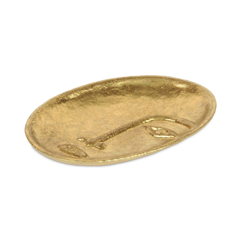 8" Cast Iron Mod Abstract Face Oval Trinket Tray - Gold
