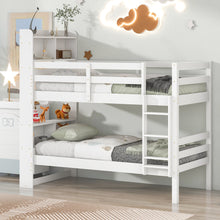 Load image into Gallery viewer, Twin Over Twin Bunk Beds with Bookcase Headboard, Solid Wood Bed Frame with Safety Rail and Ladder, Kids/Teens Bedroom, Guest Room Furniture, Can Be converted into 2 Beds, White
