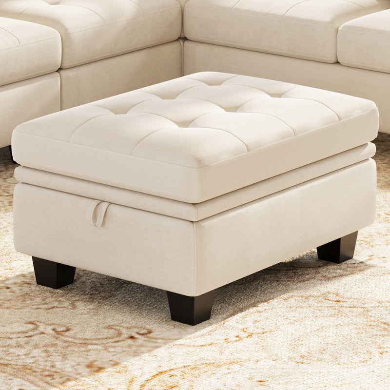 32" Velvet Tufted Storage Ottoman - Beige / Black