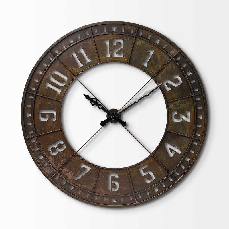 Round Industrial Wall Clock - Brown
