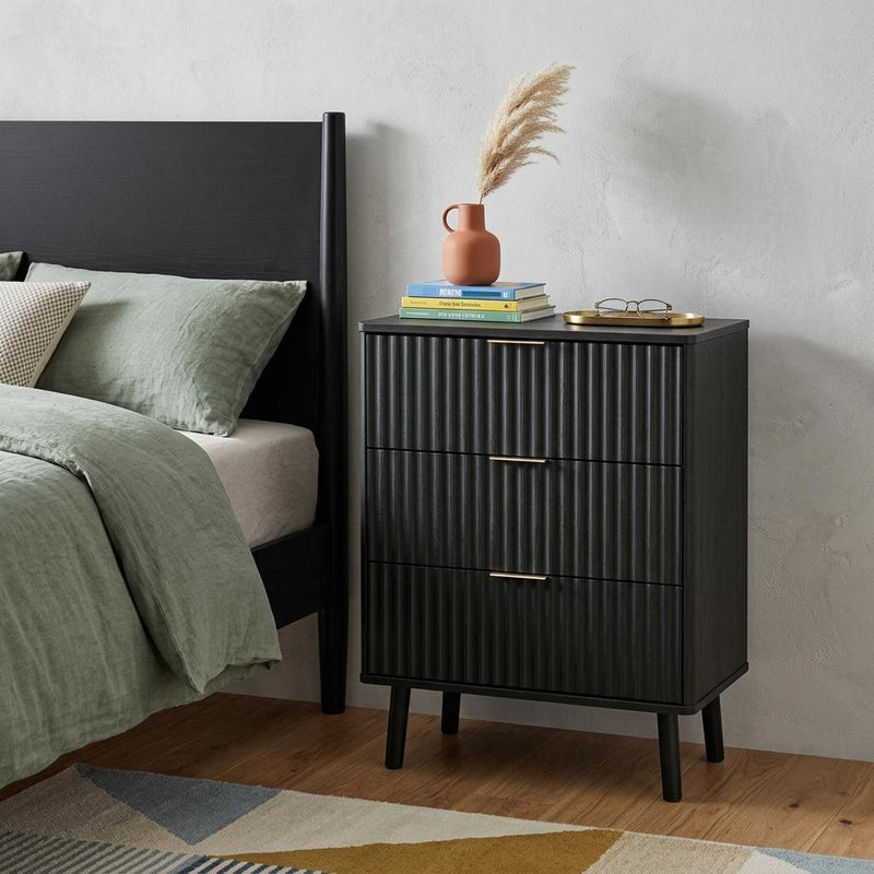 Wood Ribbed Texture Three Drawer Nightstand With USB Port - Black