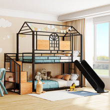 Load image into Gallery viewer, Twin Over Twin Metal Bunk Bed, Metal Housebed with Slide and Storage Stair, Black with Black Slide
