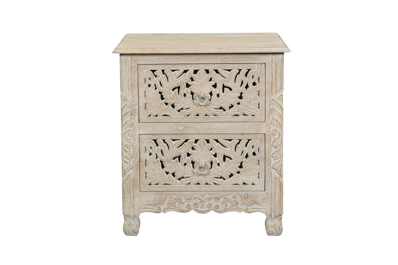Solid Wood Square Distressed Carved Floral Two Drawer Nightstand - White