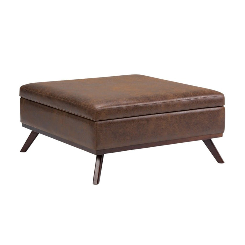 Mid-Century Cocktail Leather Ottoman With Storage - Brown