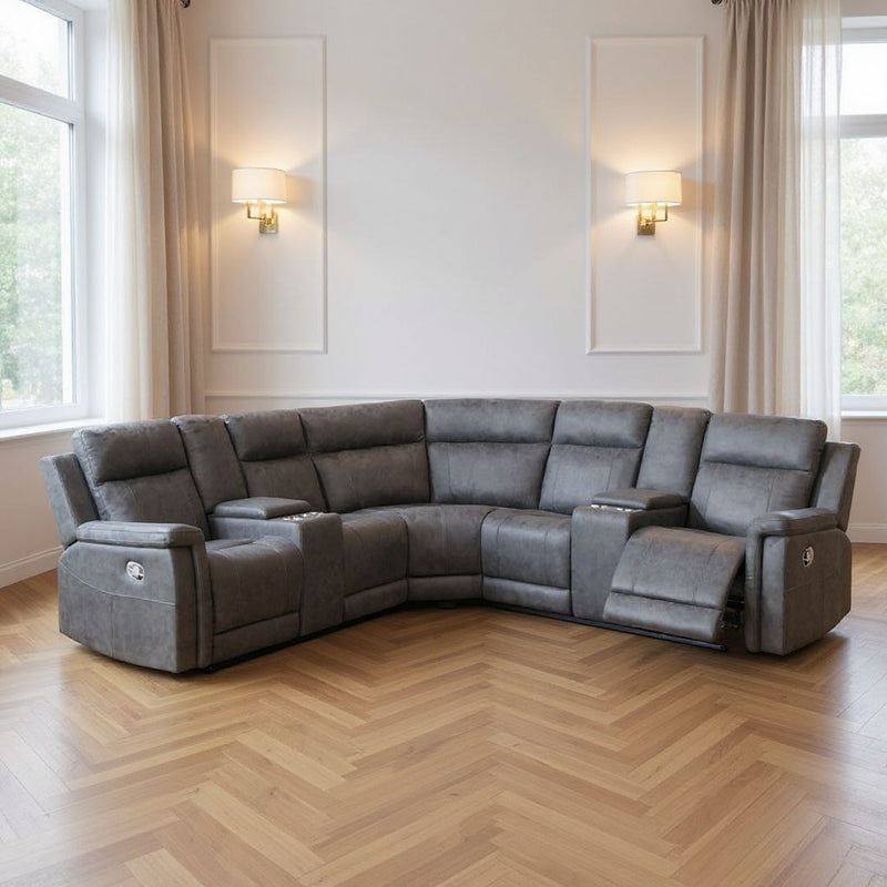 Faux Leather Reclining Curved Corner Sectional With Console - Gray
