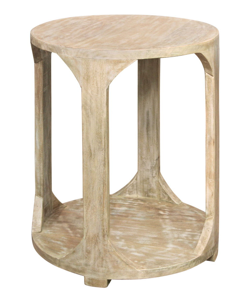24" Distressed Solid Wood Round Frame End Table With Shelf - Natural