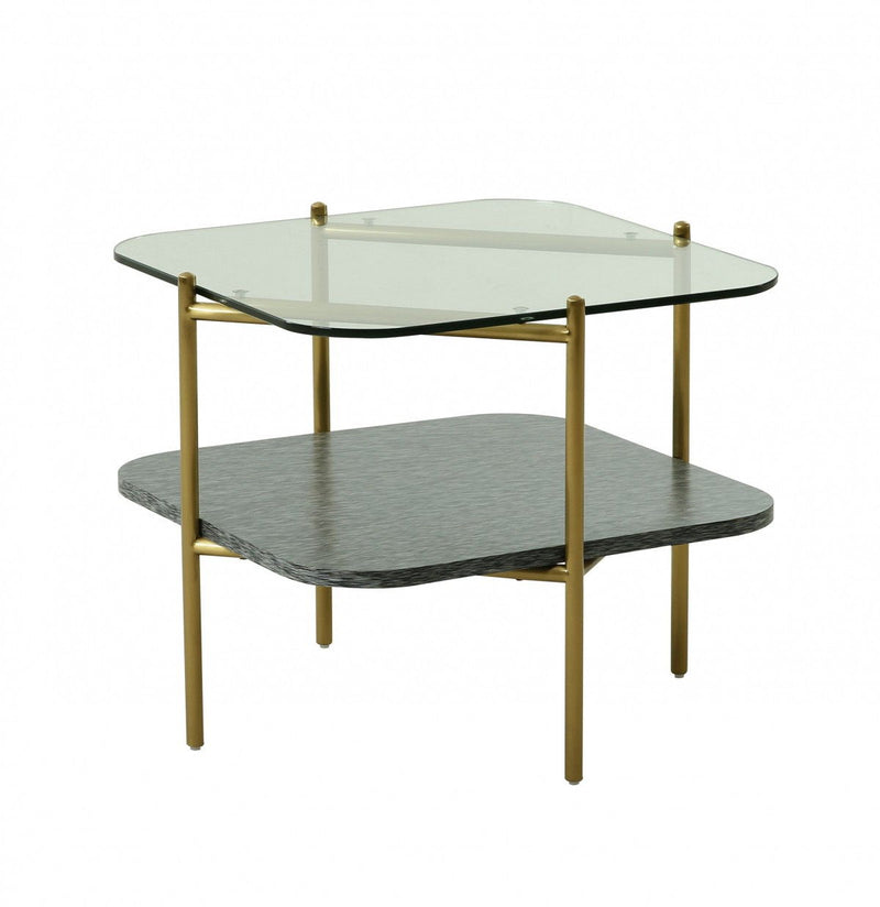 Glass And Metal Square End Table With Shelf - Gold And Clear