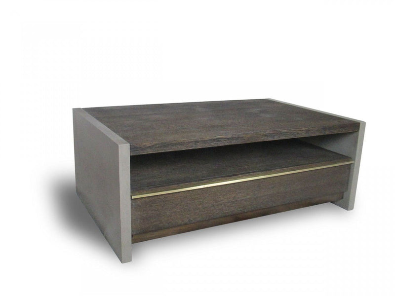 Rectangular Coffee Table With Drawer And Shelf - Dark Gray Walnut And Concrete