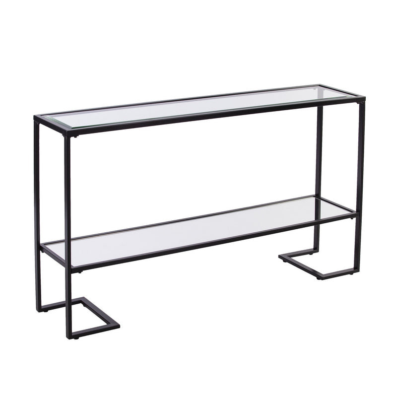 Glass Mirrored Sled Console Table With Shelves - Clear / Black