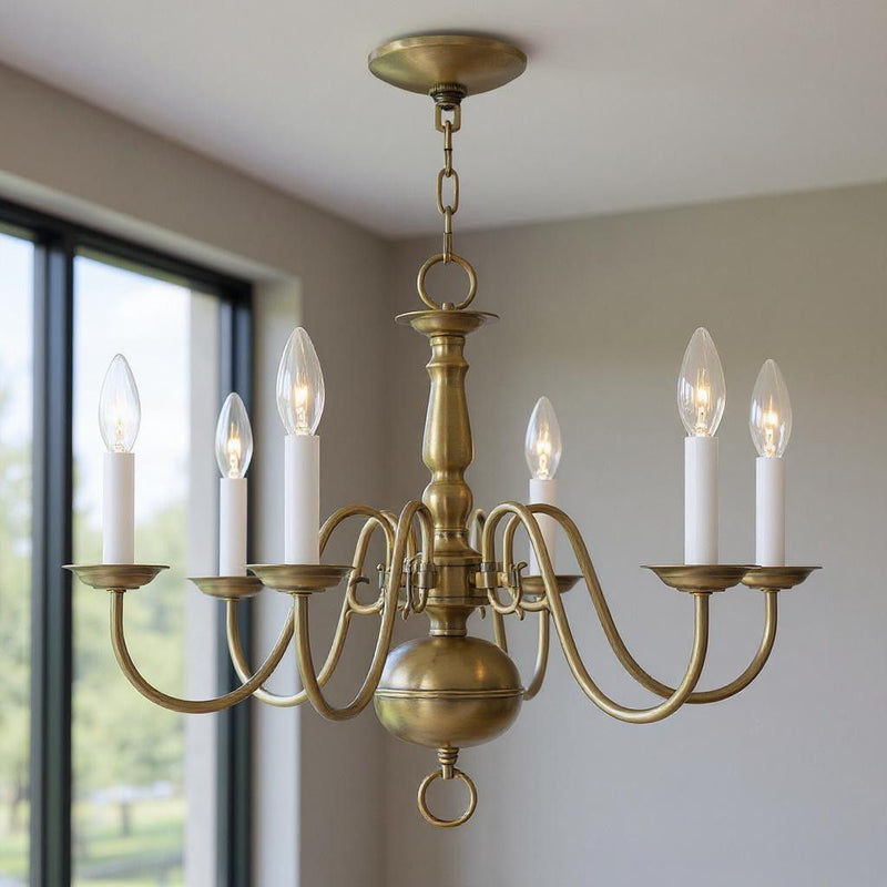 18" Six Light Dimmable Chandelier With Shades - Antiqued Brass