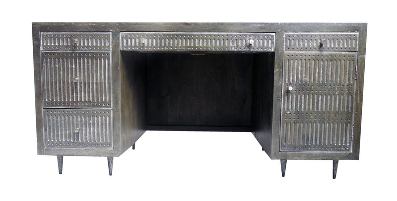 Solid Wood Executive Desk With Five Drawers - Brown And Silver