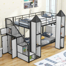 Load image into Gallery viewer, Metal Twin over Twin Castle-shaped Bunk Bed with Wardrobe and Multiple Storage, Black+White
