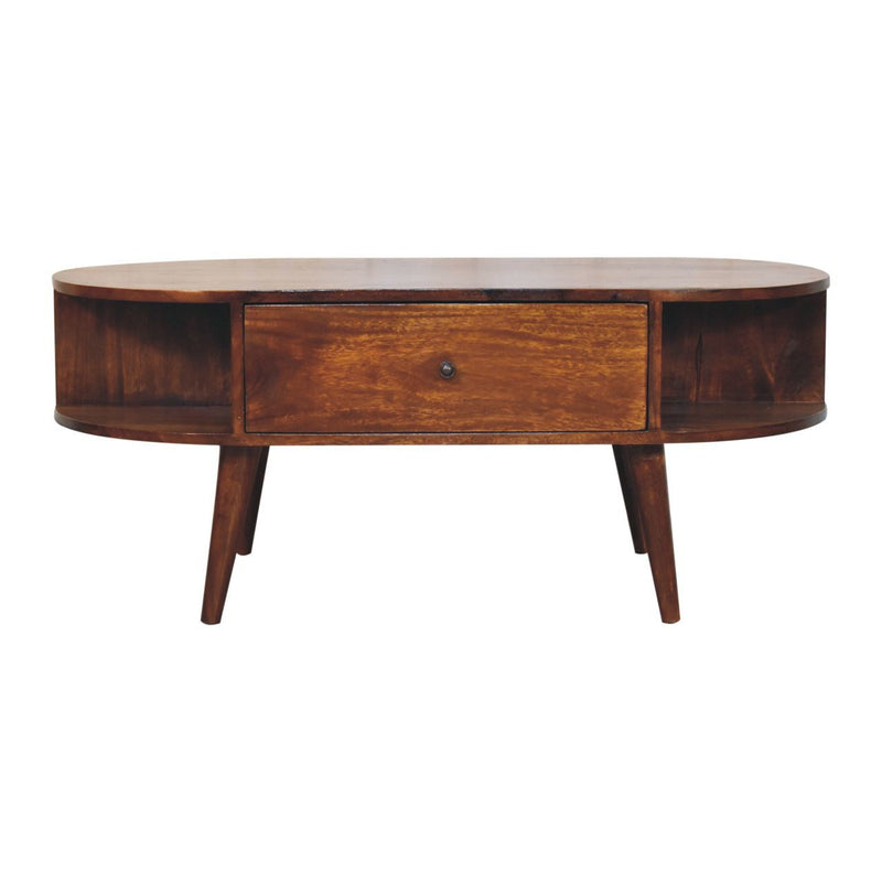 Solid Wood Oval Coffee Table With Two Drawers Two Shelves - Chestnut