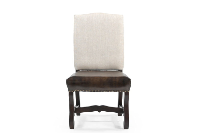 Wood Leather Linen Dining Side Chairs (Set of 2) - Dark Brown