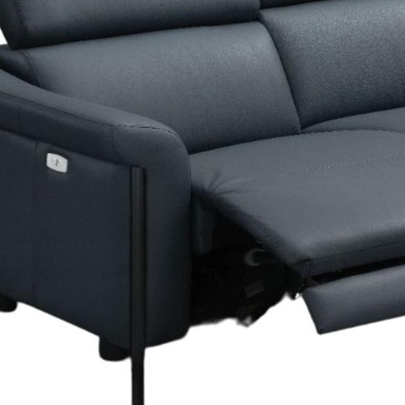 Leather Reclining Wood USB Sofa - Blue
