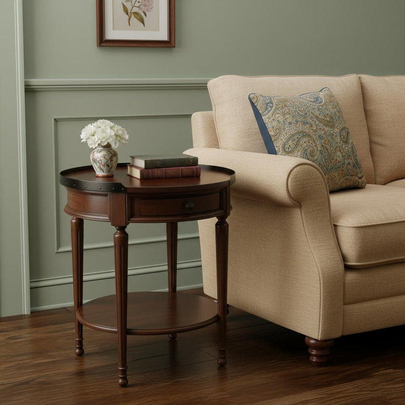 Manufactured Wood Round End Table With Drawer And Shelf - Medium Brown