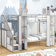 Load image into Gallery viewer, Metal Twin over Twin Castle-shaped Bunk Bed with Wardrobe and Multiple Storage, Gray+White
