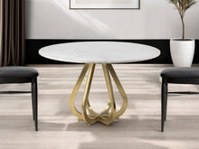 Load image into Gallery viewer, 48" Rounded Marble And Metal Pedestal Base Dining Table - Gold
