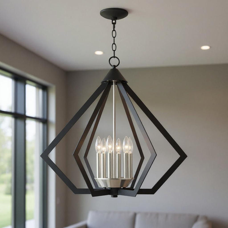 25" Six Light Dimmable Chandelier With Shades - Black