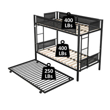 Load image into Gallery viewer, Metal Twin over twin bunk bed with Trundle/ Sturdy Metal Frame/ Noise-Free Wood Slats/ Comfortable Textilene Guardrail/ 2 side Ladders/ Space-Saving Trundle/ Bunk Bed for Three/ No Box Spring Needed
