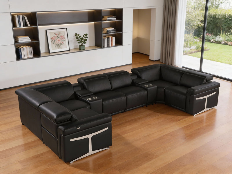 Italian Leather Power Reclining U Shaped Eight Piece Sectional With Console - Black