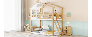 Twin Over Twin Bunk Bed Wood Bed with Roof, Window, Ladder,Natural(OLD SKU :LT100008AAD)