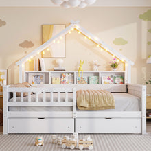 Load image into Gallery viewer, House Style Platform Bed With LED Lights, Storage Shelves, Drawers, And Guardrail
