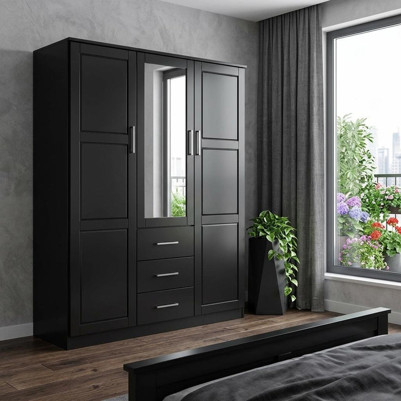 Solid Wood Mirrored Three Door Three Drawer Combo Dresser - Black