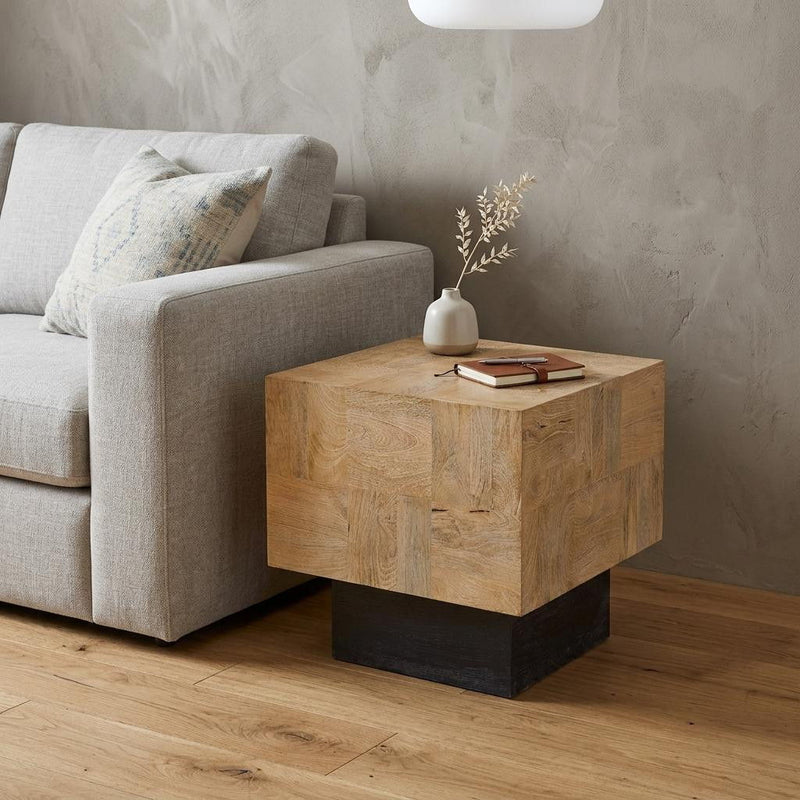 Solid Wood Square Block End Table - Natural / Black