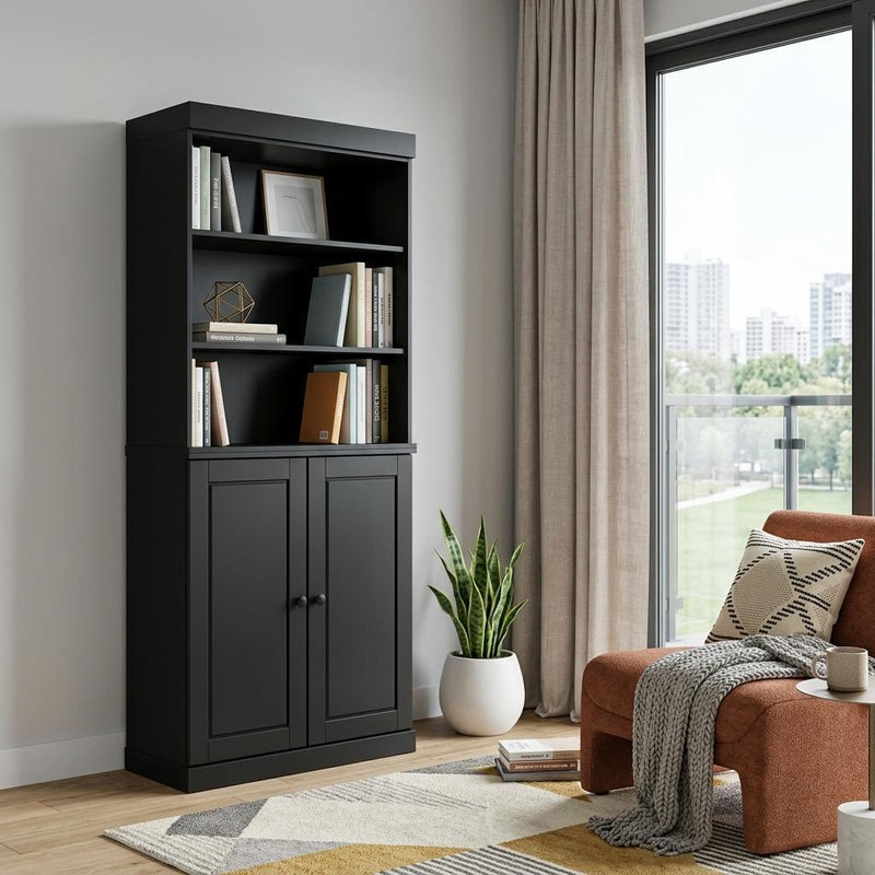 Solid Wood Adjustable Six Tier Library Bookcase With Two Doors - Black