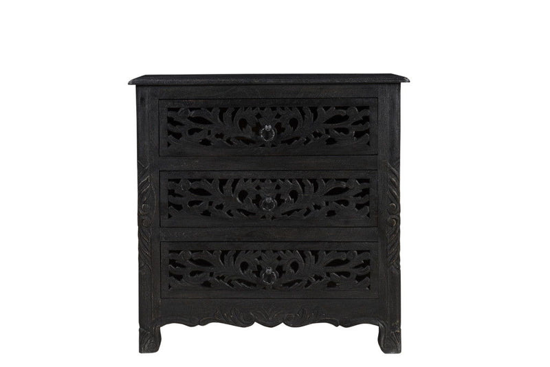 Three Drawer Floral Carved Solid Wood Nightstand - Distressed Black