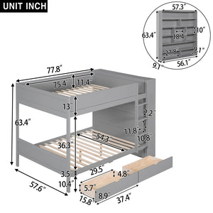 Full over Full Bunk Bed With 2 Drawers and Multi-layer Cabinet, Gray