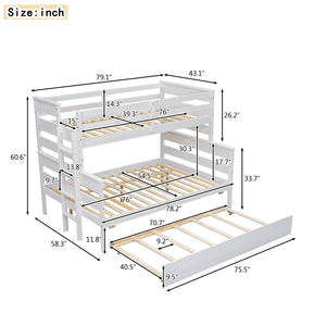 Wood Twin over Full Bunk Bed with Twin Size Trundle, White