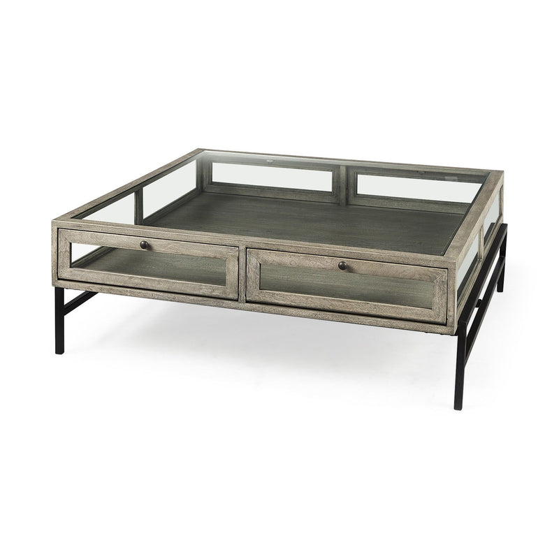 Glass And Metal Square Coffee Table With Shelf - Gray And Black
