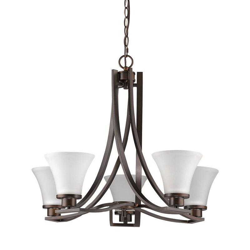 Candle Style Five Light Frosted Metal Dimmable Chandelier With Shades - Bronze / White