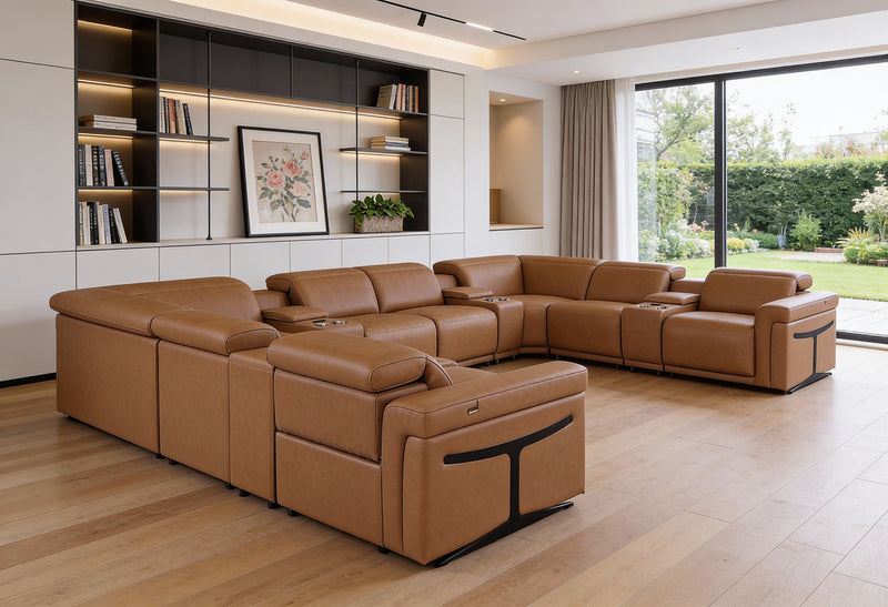 Italian Leather Power Reclining U Shaped Twelve Piece Sectional With Console - Chestnut