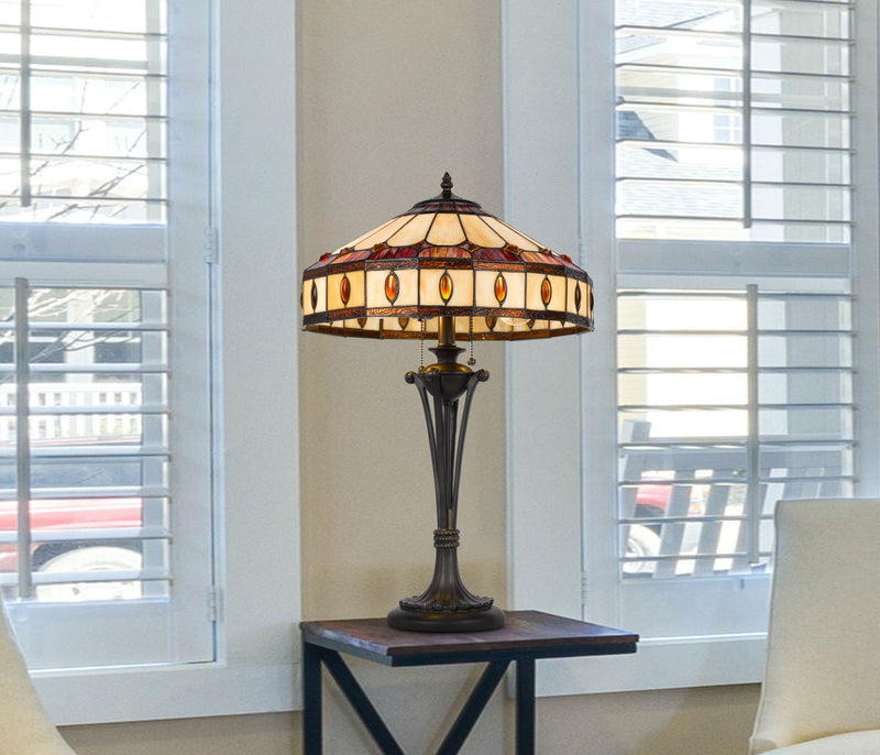 Metal Two Light Candlestick Table Lamp With Ivory And Red Dome Shade - Black