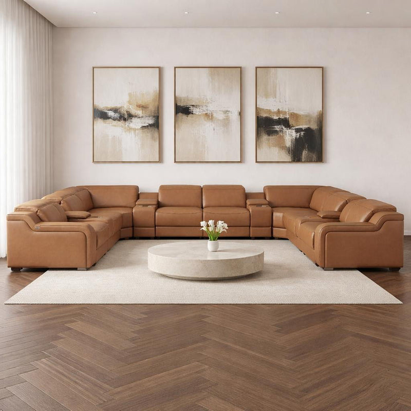 Italian Leather Power Reclining U Shaped Twelve Piece Corner Sectional With Console - Chestnut