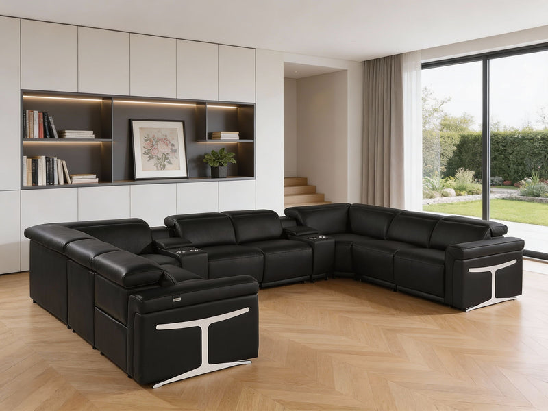 Italian Leather Power Reclining U Shaped Ten Piece Corner Sectional With Console - Black