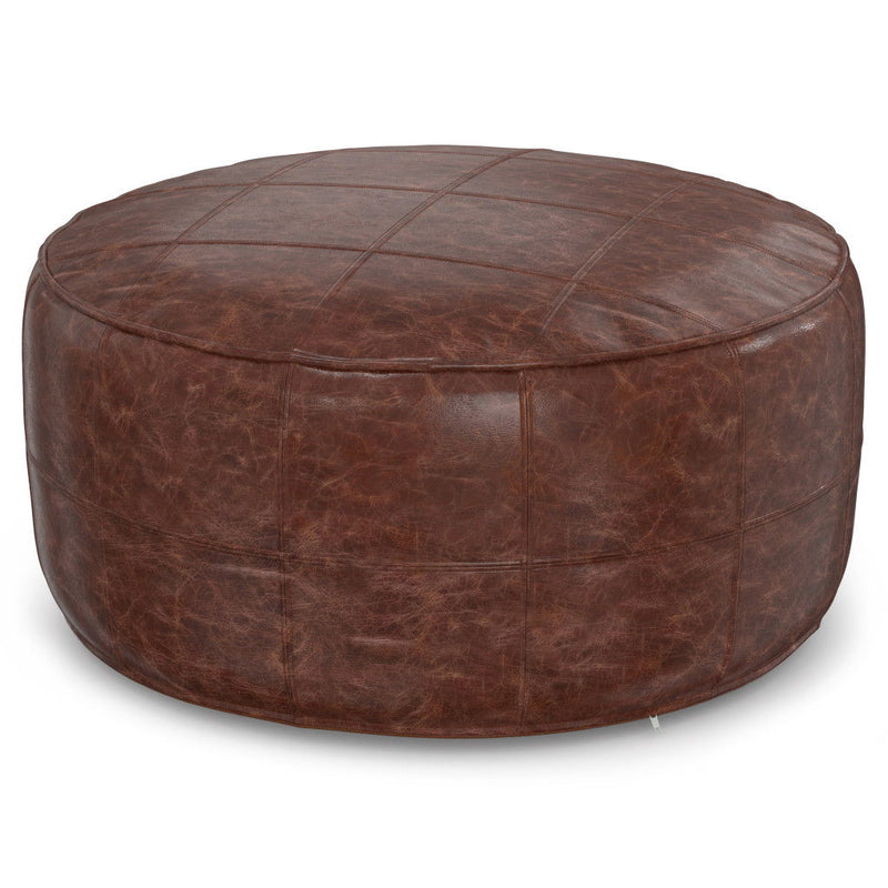 34" Leather Round Pouf Ottoman - Brown