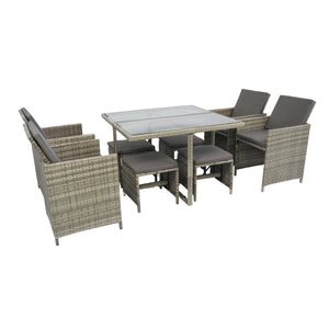 9 Pieces Patio Dining Sets Outdoor Space Saving Rattan Chairs with Glass Table Patio Furniture Sets Cushioned Seating and Back Sectional Conversation Set Grey Wicker + Grey Cushion