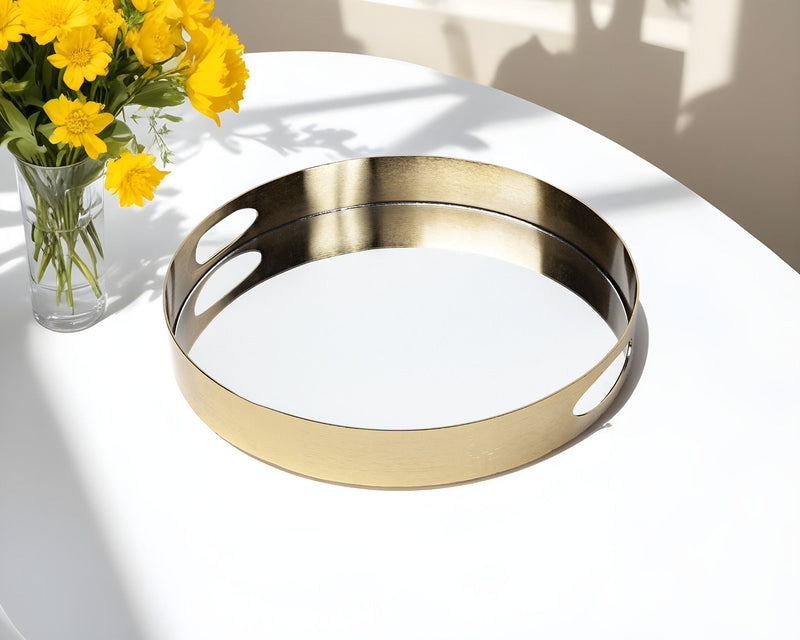 15" Mirrored Glass Round Metal Tray With Handles - Gold