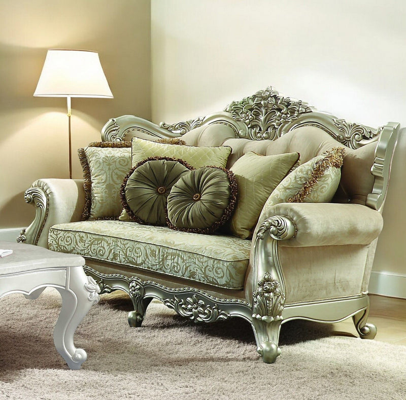 Polyester Blend Damask Chesterfield Loveseat And Toss Pillows - Green / Light Green